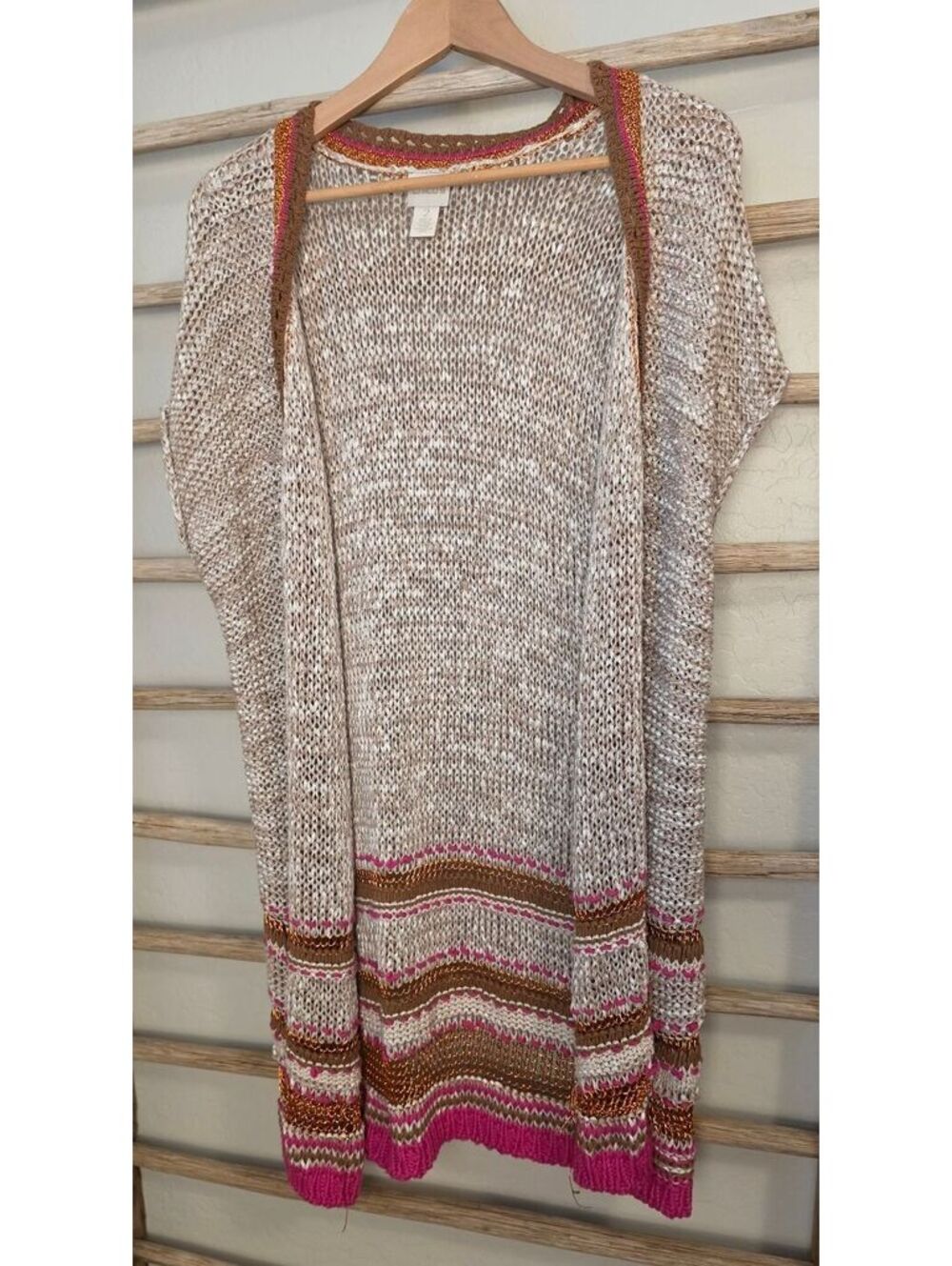 Chico's Women's Knit Open Front Cardigan Sweater Size 2 Beige Pink Brown